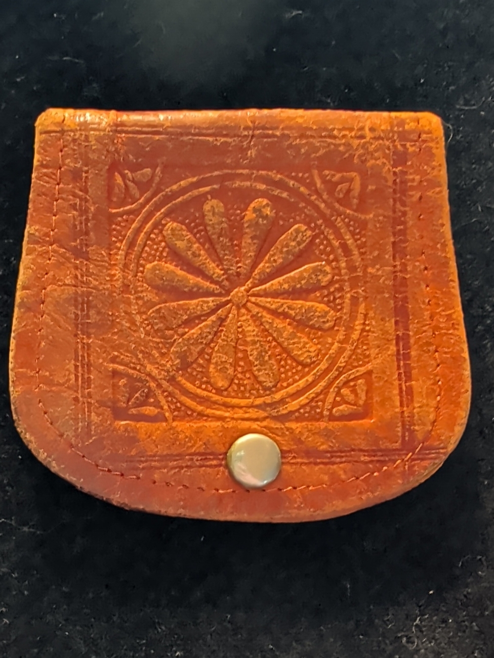 Embossed Floral Genuine Leather Coin Pouch - Burnt Orange
